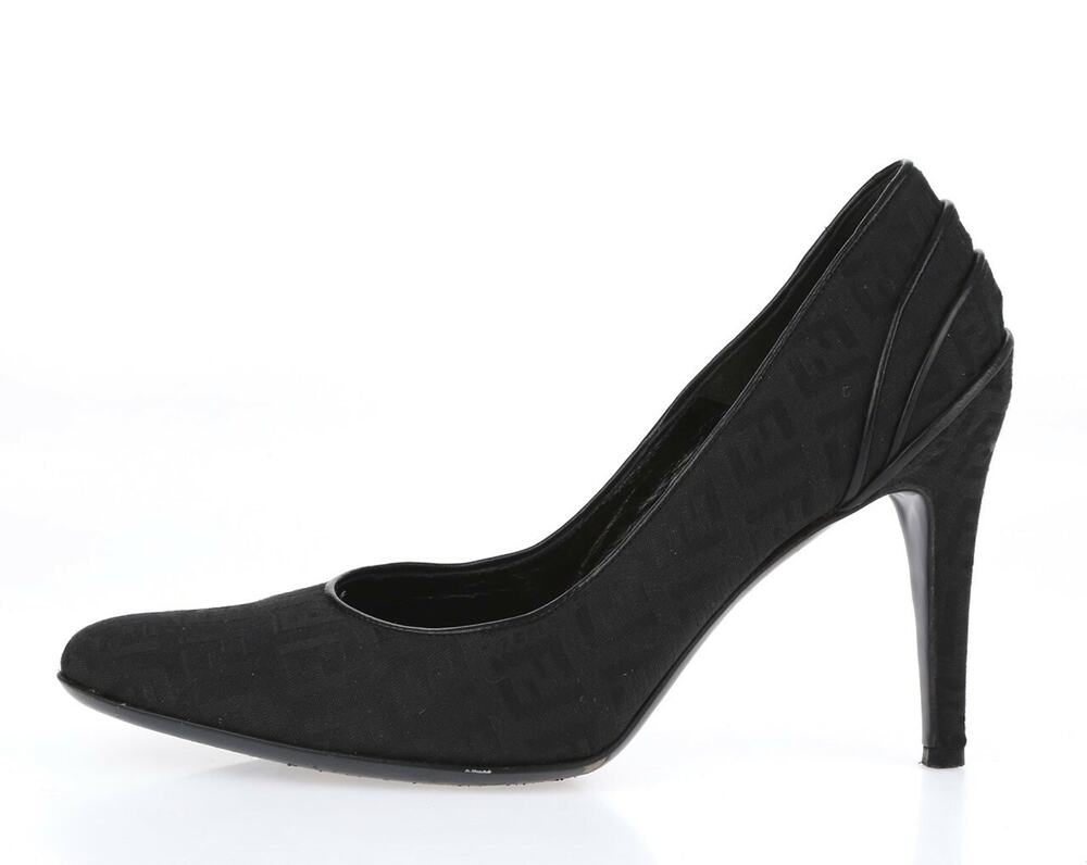 Fendi Womens Black Fabric Canvas Slip On Back Pleated Heels Pumps Size 35.5